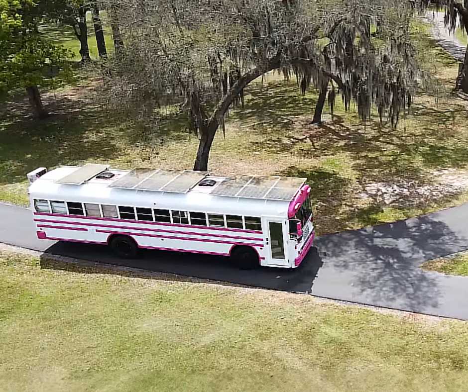 Aerial view of Dolly the school bus turned skoolie