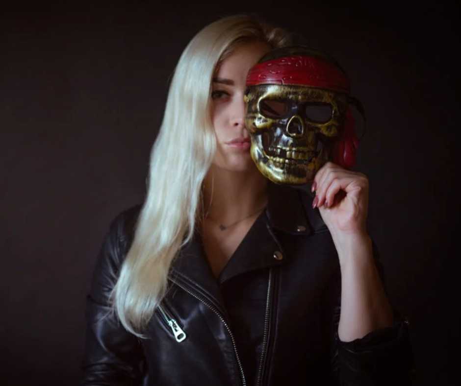 Woman trying a mask on