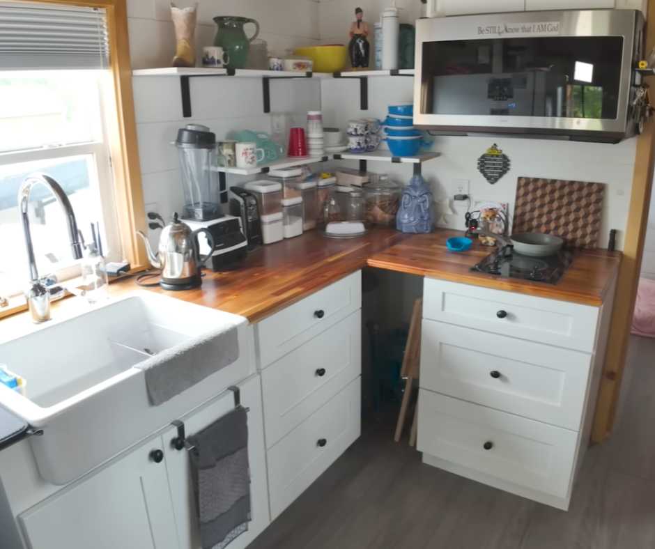 The kitchen at the two-story tiny home