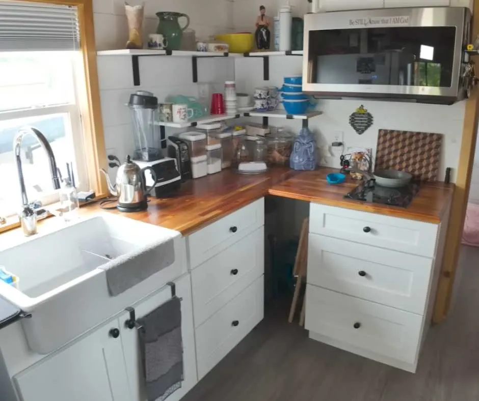 The kitchen at the two-story tiny home